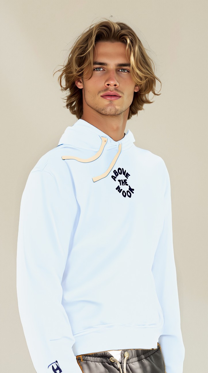Light blue hoodie with tan drawstrings and stacked ATH logo embroidered on the chest against a neutral studio background