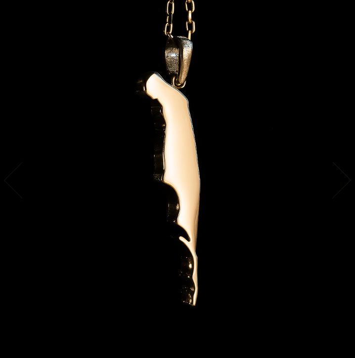 Gold-plated Sandy Hook peninsula pendant on a brass chain against black background